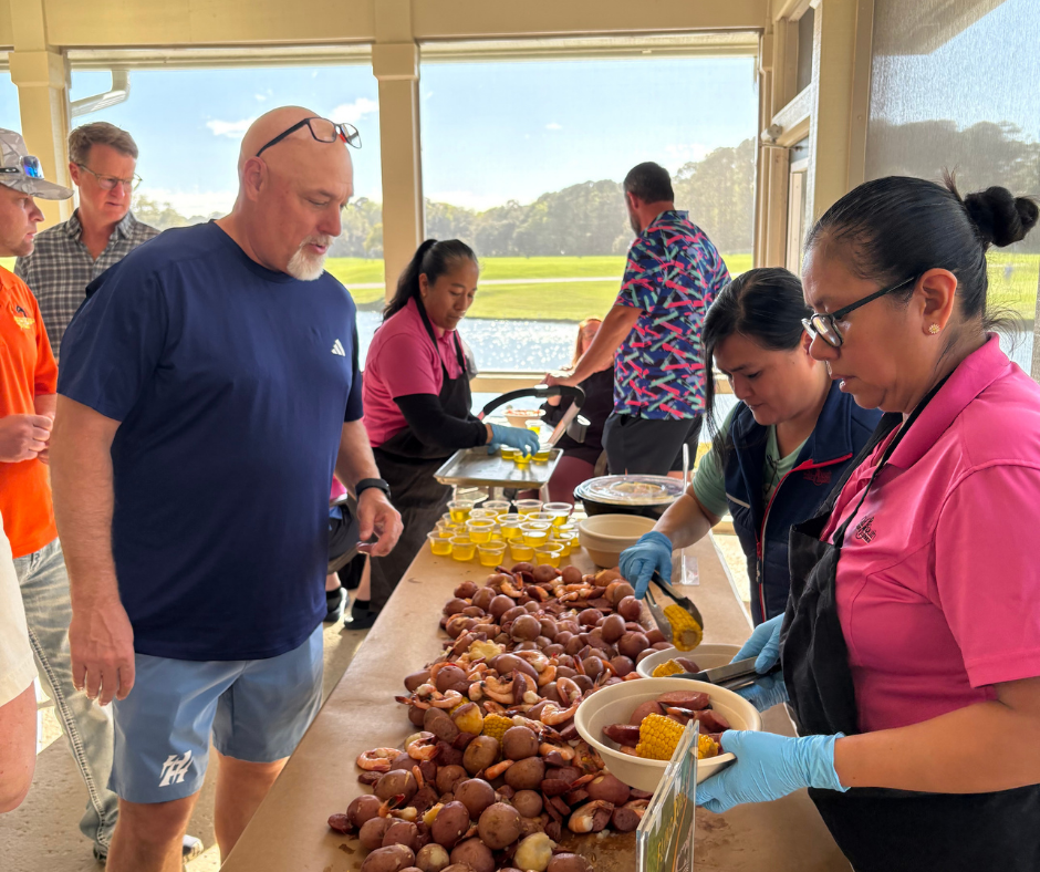 Saturday night Lowcountry Boil for the World League FlingGolf Lowcountry Open players and guests near Hilton Head Island