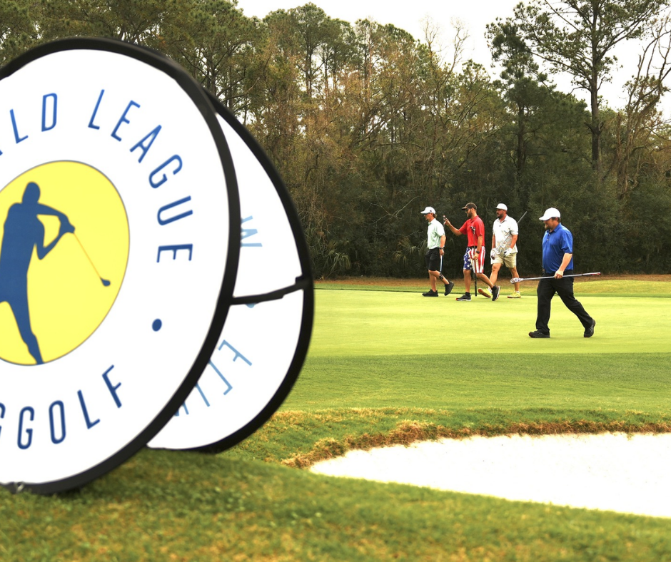 Men’s final group on the green at the FlingGolf tournament Hilton Head at Old South Golf Links, featuring Sam Scannell, Jacob Hooter, Austin Ebersole, and Titus Harter