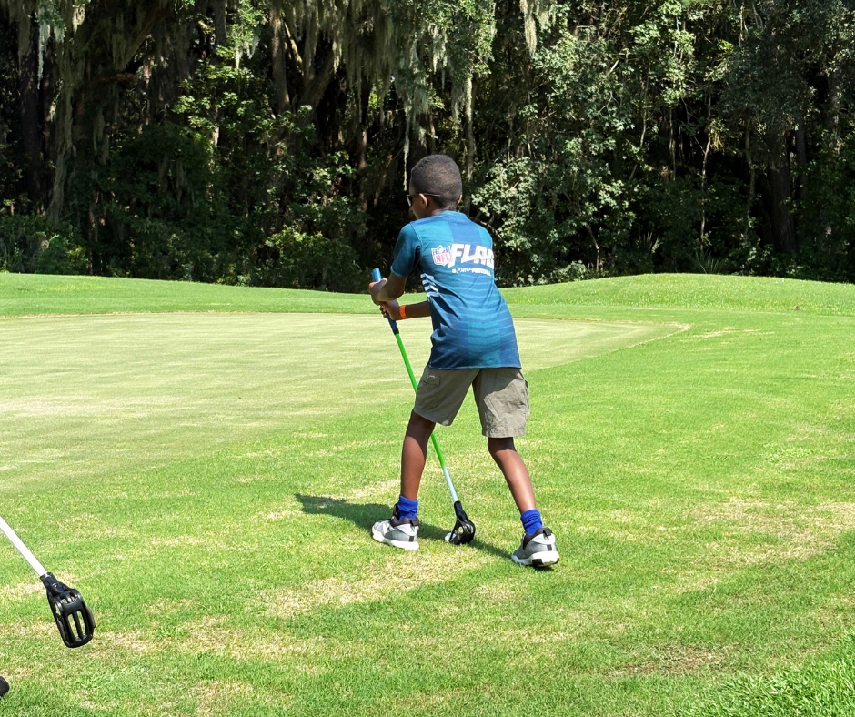 Young player practicing FlingGolf side car technique on the course at Old South Golf Links in the Hilton Head area.
