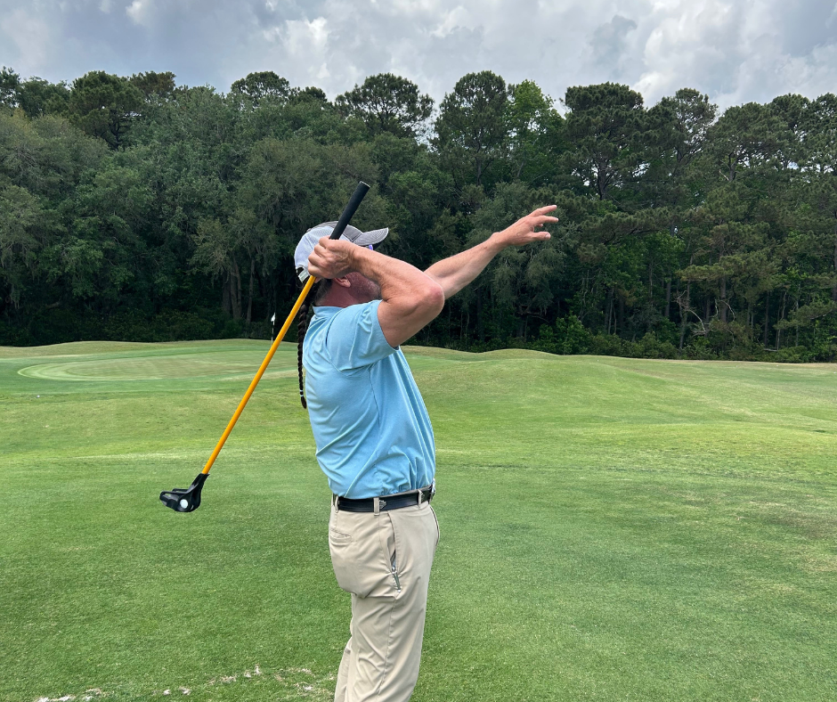 Old South Golf Links General Manager demonstrating a FlingGolf shot on the course near Hilton Head Island.