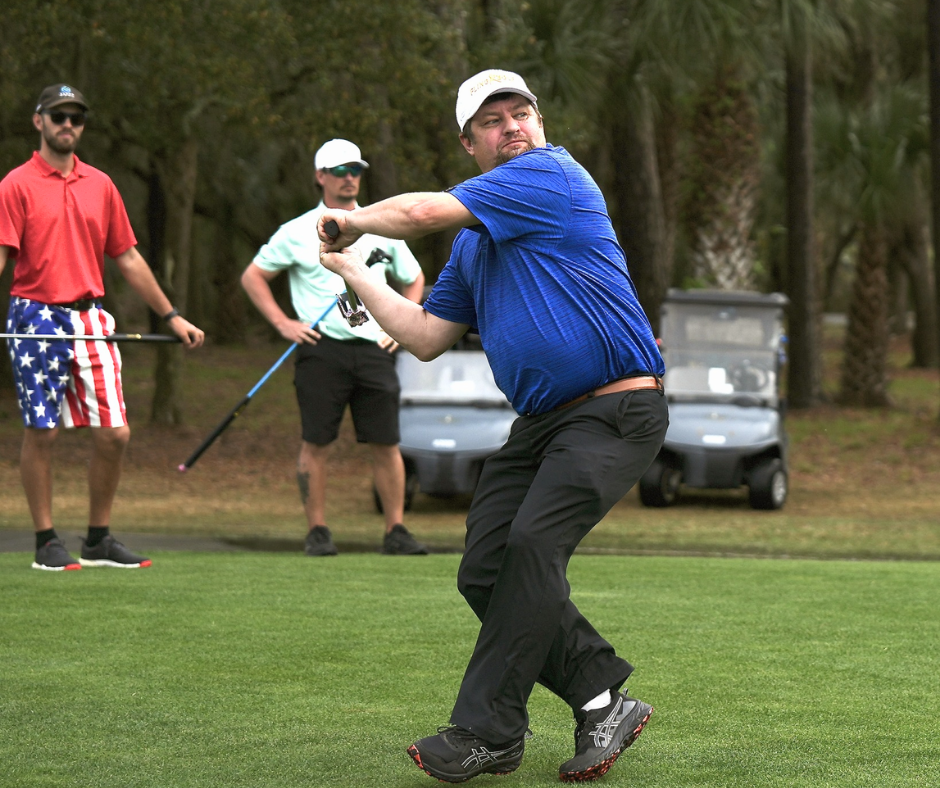 Titus Harter preparing for a fling shot during the final round at the Lowcountry Open at Old South Golf Links.