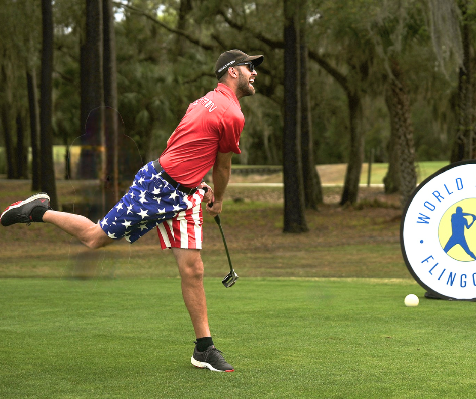 Sam Scannell following through after a fling shot at the Lowcountry Open FlingGolf tournament at Old South Golf Links.